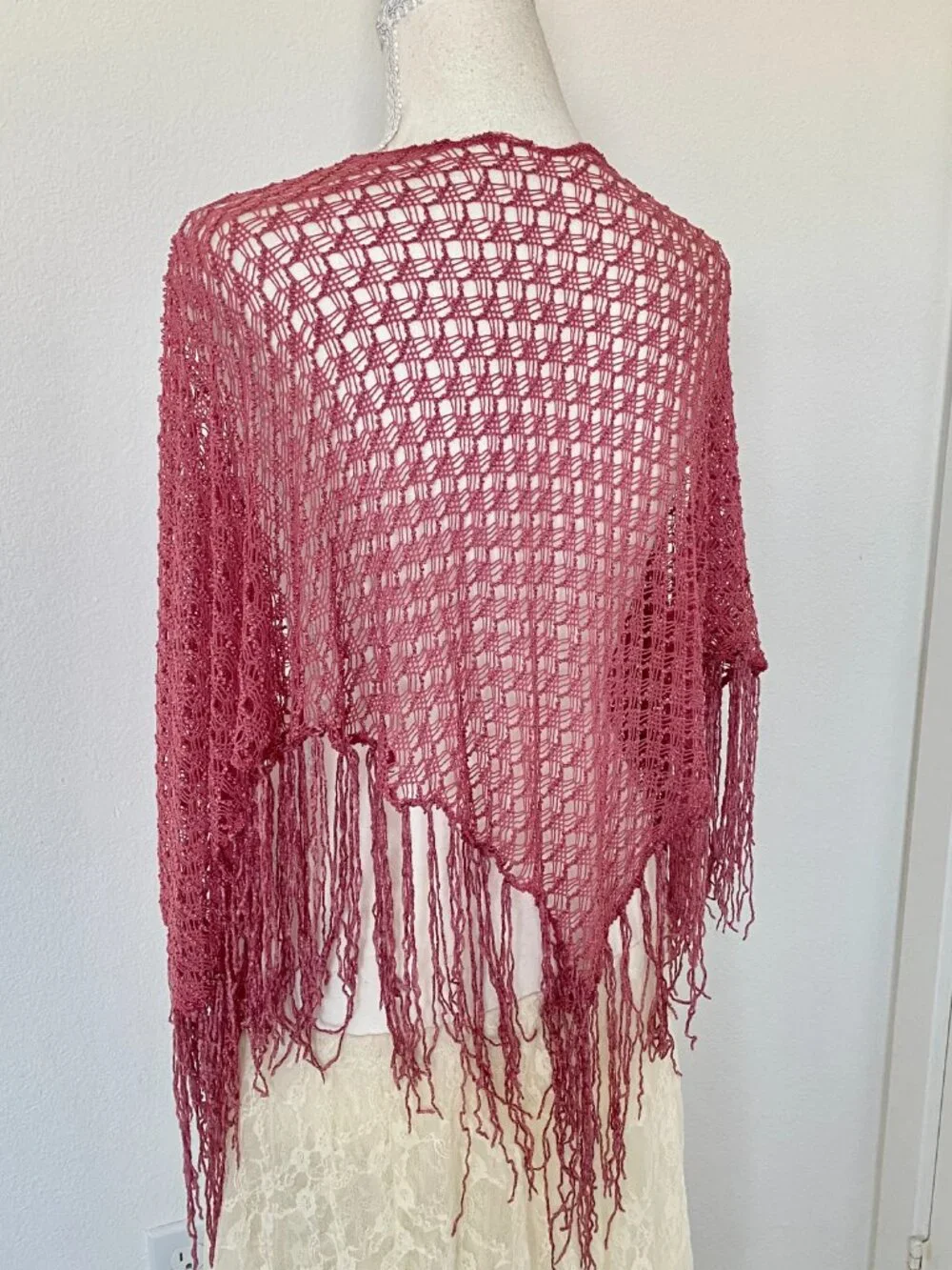 Vintage Y2K Inspired Style Pink Crochet Poncho Sheer Fringe Shawl Fairycore Coqu